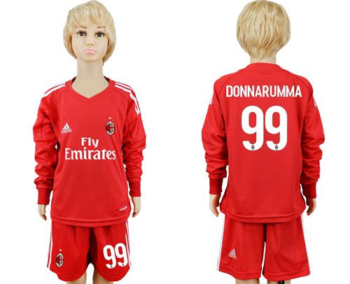 AC Milan #99 Donnarumma Red Goalkeeper Long Sleeves Kid Soccer Club Jersey - Click Image to Close